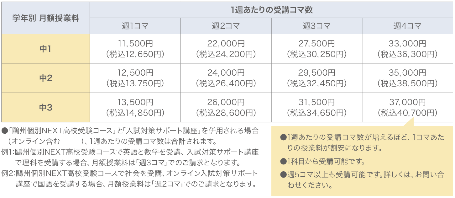 個別NEXT入試対策サポート講座授業料