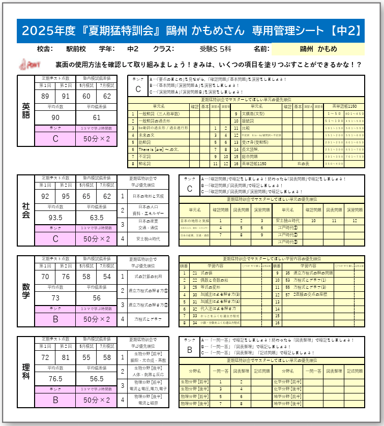 中学部専用管理シート